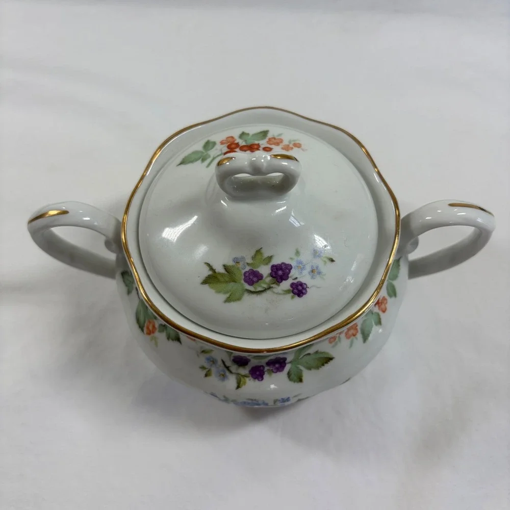 Karolina Poland Porcelain Sugar Bowl and Creamer Set Fruit Floral Gold Trim